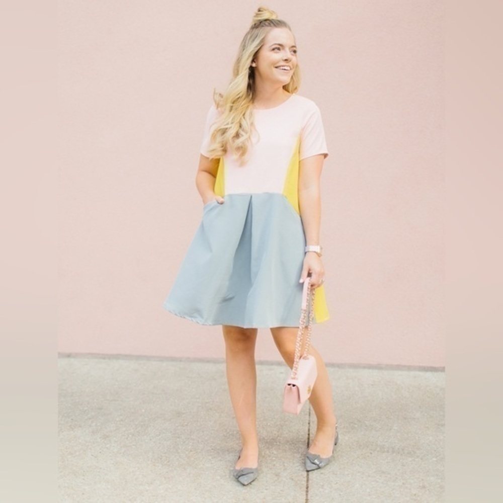 SHEIN Women’s Color Block Swing Dress Yellow Pink Grey Size Medium